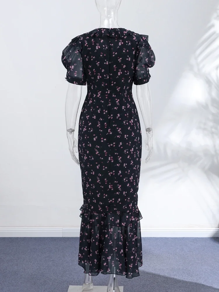 Floral Print Women's Summer Ruffle Dress Sexy V-neck Short Puff Short Sleeve Beach Slim Female Dress 2026 Holidays Lady Robe