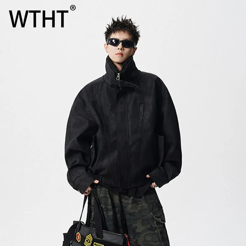 WTHT Fashion Men‘s Plush Spliced Thicken Design Loose Coats Trendy 2025 Autumn Solid Color Laple Casual Jackets Male 2A2218