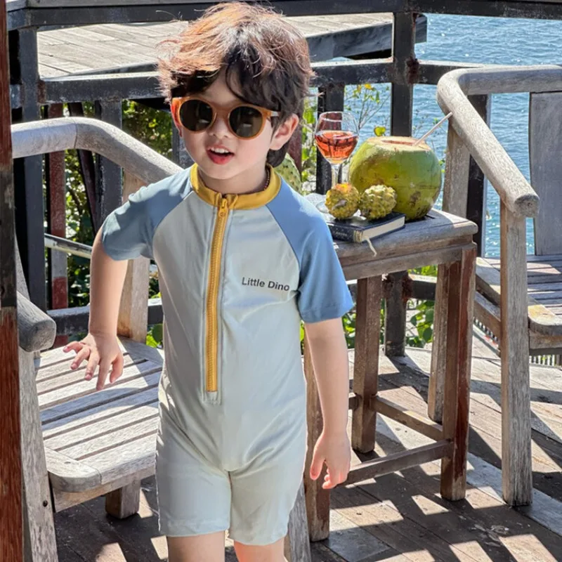 

Summer Kids One-piece Swimsuit Boys Short Sleeve Zipper Sun-proof Cartoon Dinosaur Surfing Suit Swimwear Toddler Bathing Suit