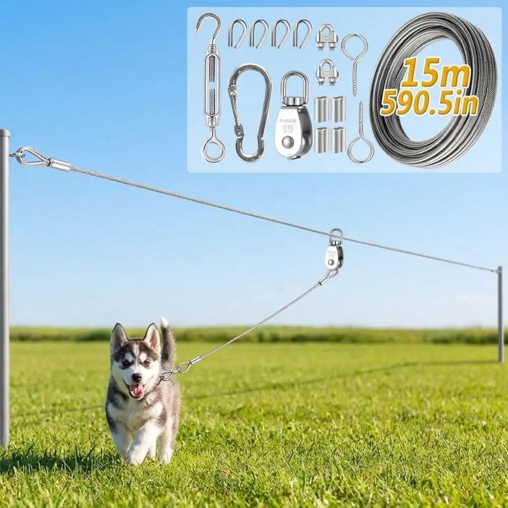 15/30M Outdoor Dog Tie Out Cable Anti Rust Metal Buckle Trolley Dog Run Cable System Kit Shock-Absorbing Chew Proof