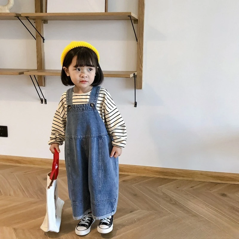 2024 Spring Autumn boys girls solid color patchwork denim jumpsuits kids all-match bib pants children soft loose overalls