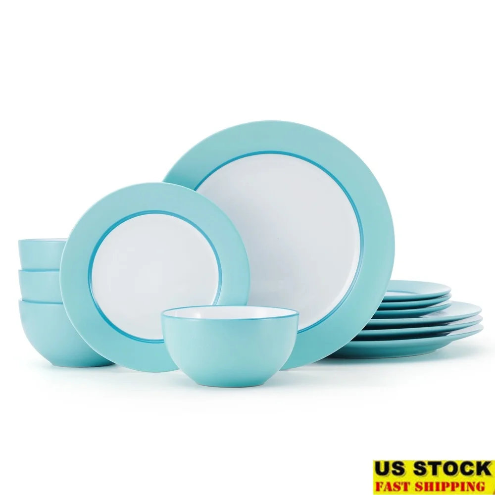 

12 Piece Stoneware Dinnerware Set Modern White Teal Round Plates Bowls Durable Dishwasher Microwave Safe Elegant Tableware