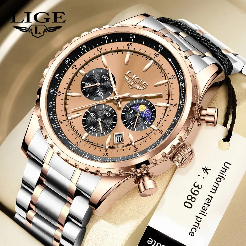 

Мужские кварцевые часы LIGE 2026: Новинка, люкс, водонепроницаемые, светящиеся, с датой, хронограф, спортивные наручные часы