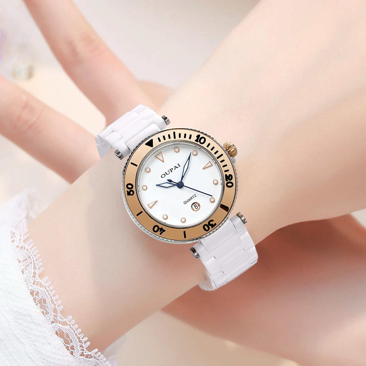 OUPAI White Ceramic Women's Watch Round Dial Luminous Small and Exquisite Waterproof Calendar Fashion and Casual