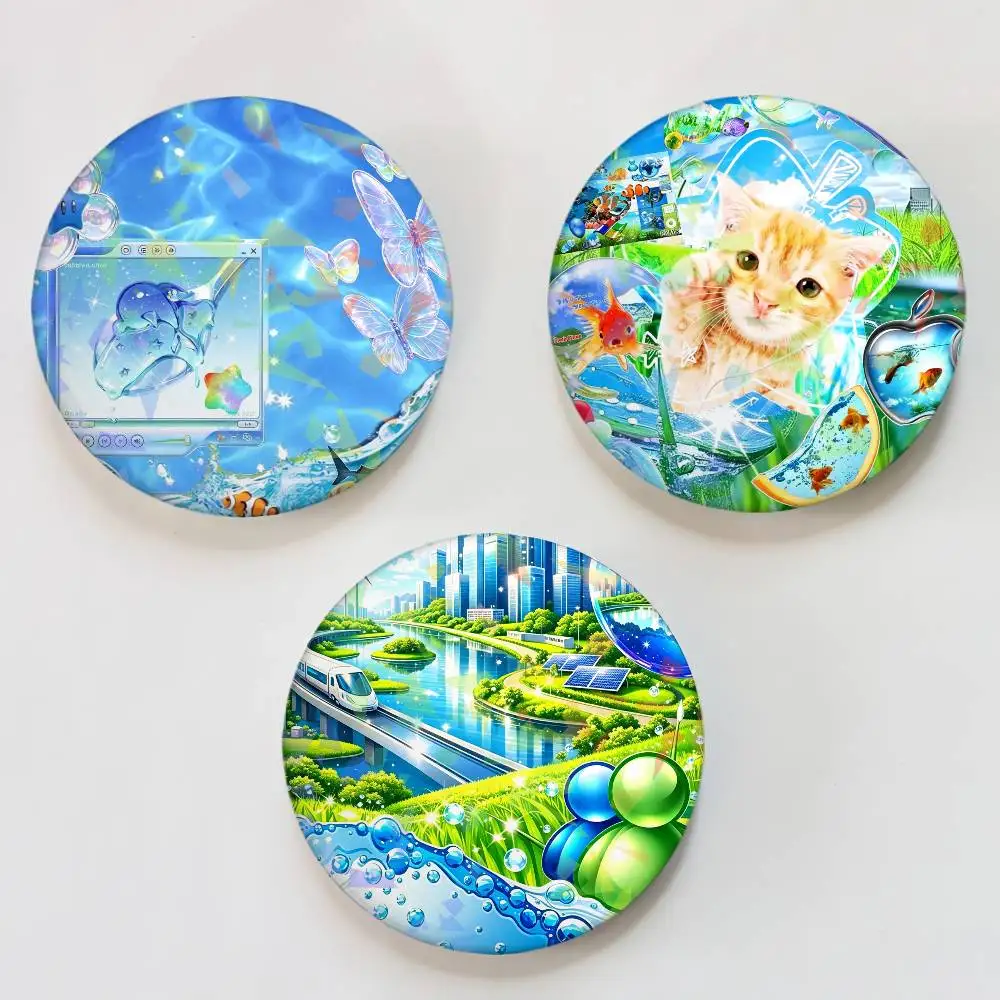 Frutiger Aero Art funny blue Round Badge Lapel Pins for Backpacks Briefcase Laser Brooch Clothes Gifts