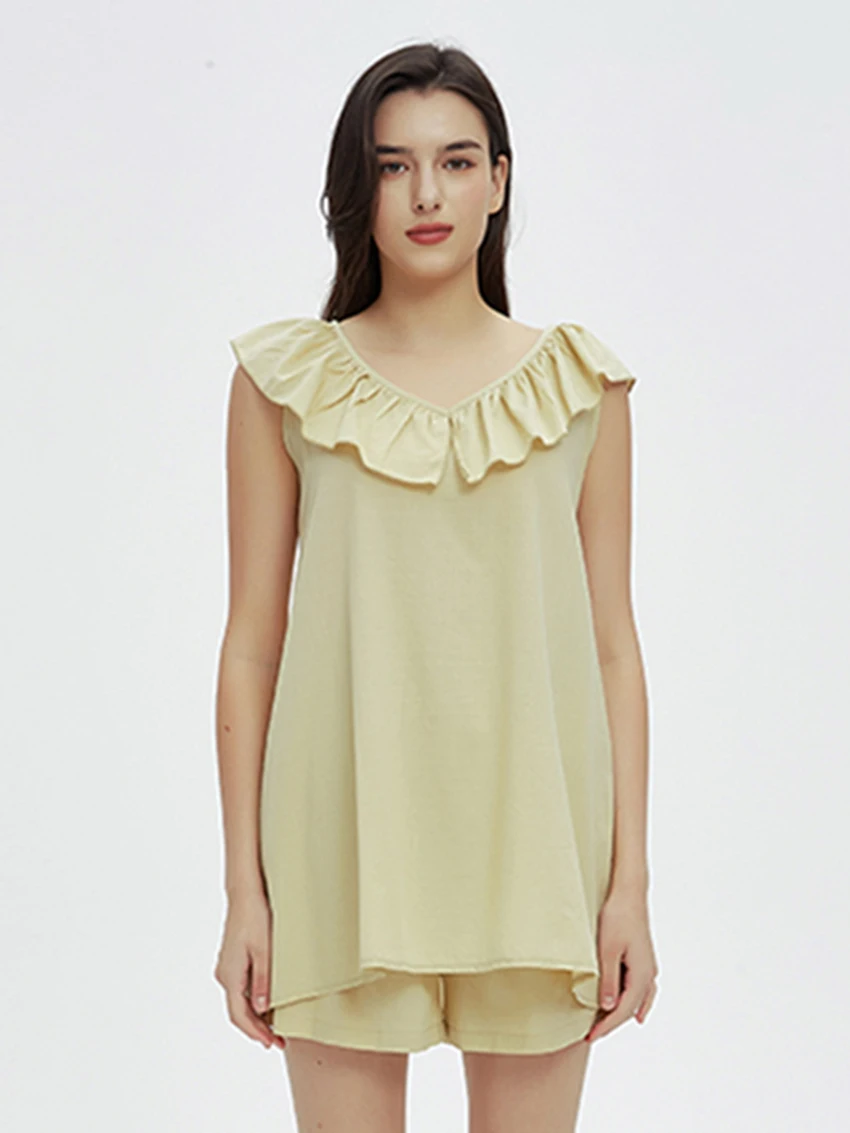 

Parc Fee Summer Loose Beige Home Women's Two Pieces Set 2025 Casual Sleeveless Tank Top With High Waist Shorts Set Female