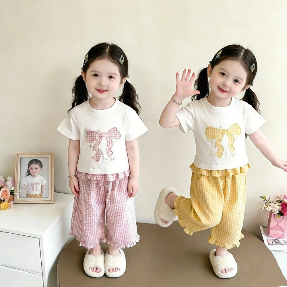 Sweet and Cute Bow Print T-shirt+checkered Wide Leg Pants Two-piece Set Korean Version 3-7 Year Old Girl Casual Suit Summer New
