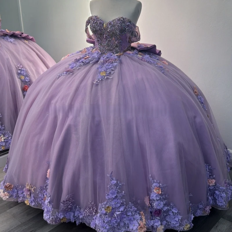 

Lavanda Shiny Ball Gown Quinceanera Dresses Applique Flower Beading Crystal Bow Tull Corset Off Shoulder Sweet 16 Dress vestidos