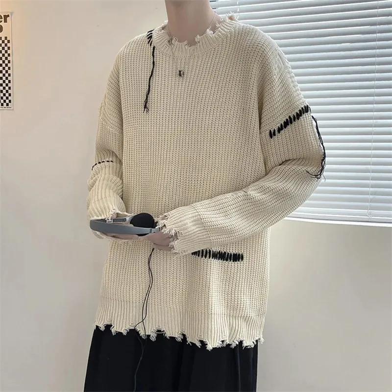 Spring Autumn Ins High Street Ripped Sweater Men's Hole Loose Lazy Knitted Pullover Harajuku Version Trend Student Streetwear
