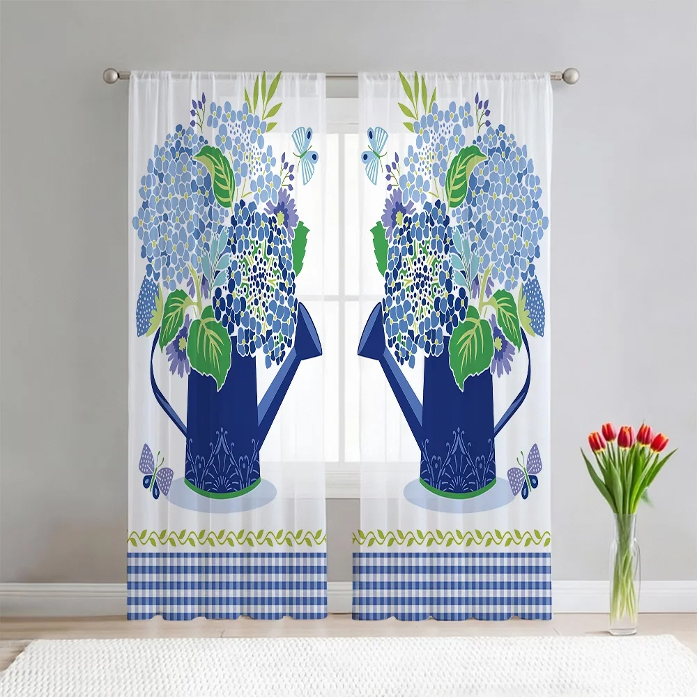 Digital Printed Sheer Curtain, Hydrangea Watering Can, Vintage Garden Cottage Floral for Living Room Bedroom Home Decor