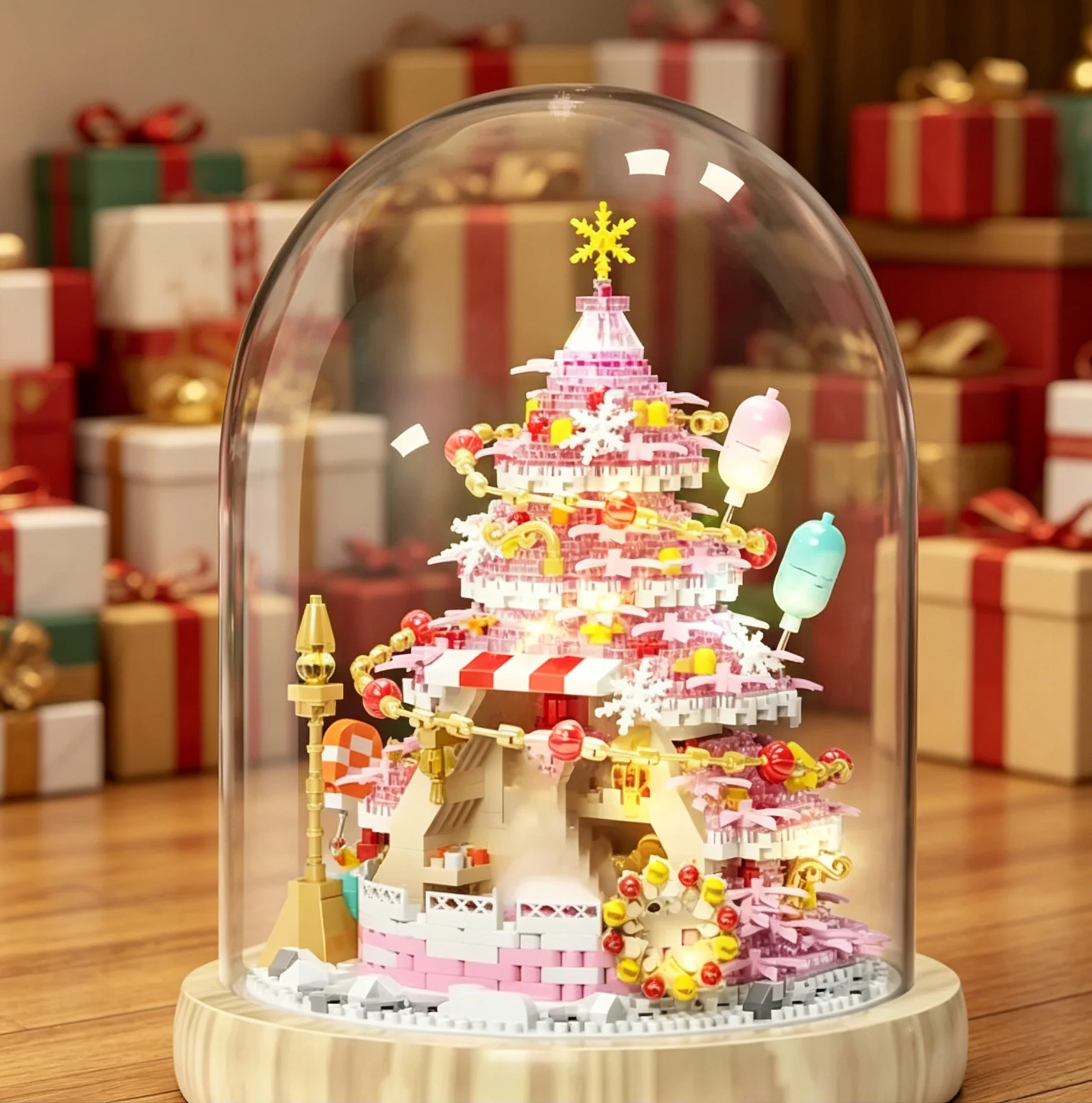 Pink Christmas Tree Shop Building Blocks With Dust Cover Desktop Ornament DIY Toy Holiday Gift For Adults