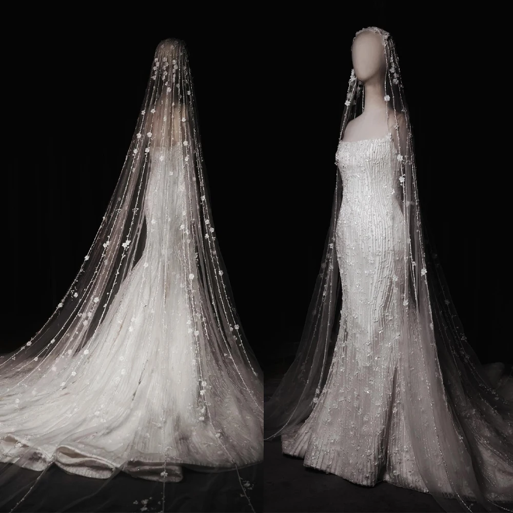 Bling Bridal Veils Sparkly White Appliques Long Cathedral Wedding Veil With Comb 1 Tier velo de novia Customized