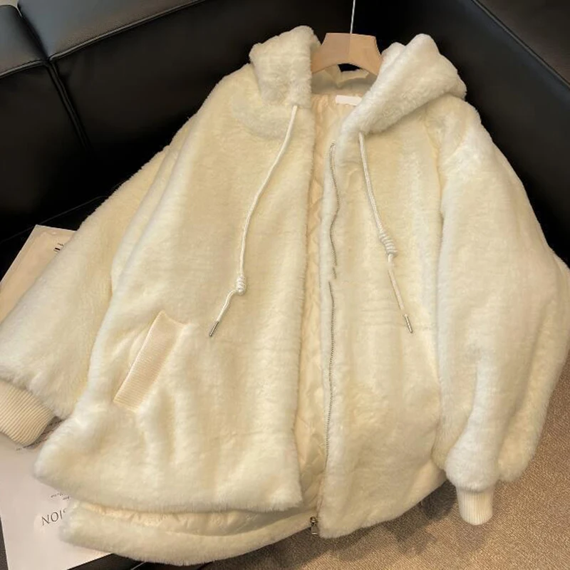Winter Lamswol Kapmantel Vrouwen Ropa Mujer Leuke Witte Rits Jas Y2K Mode Dikke Warme All-Match Pluche bovenkleding Nieuwe