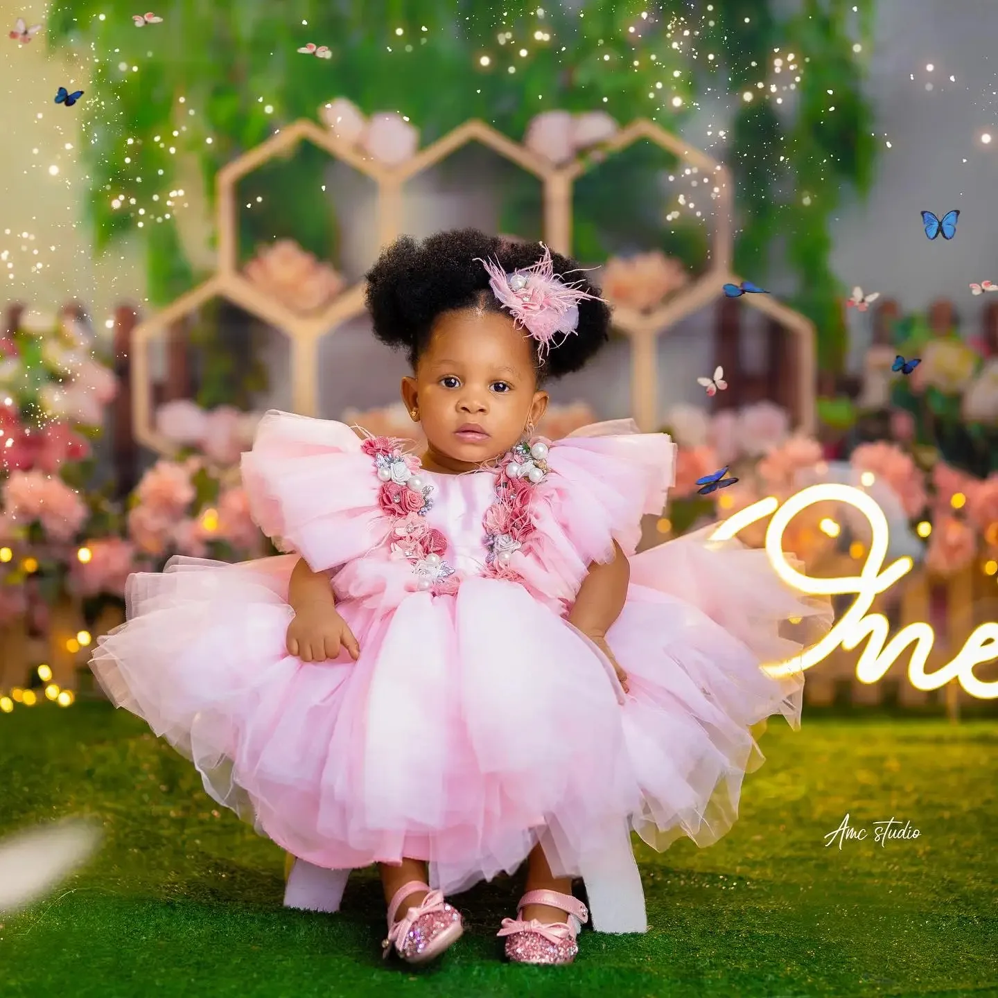 Flower Girl Dresses Customized Pink Floral Ruffles Ball Gown Shoot Gowns for Party  First Communion Dress Birthday Photos