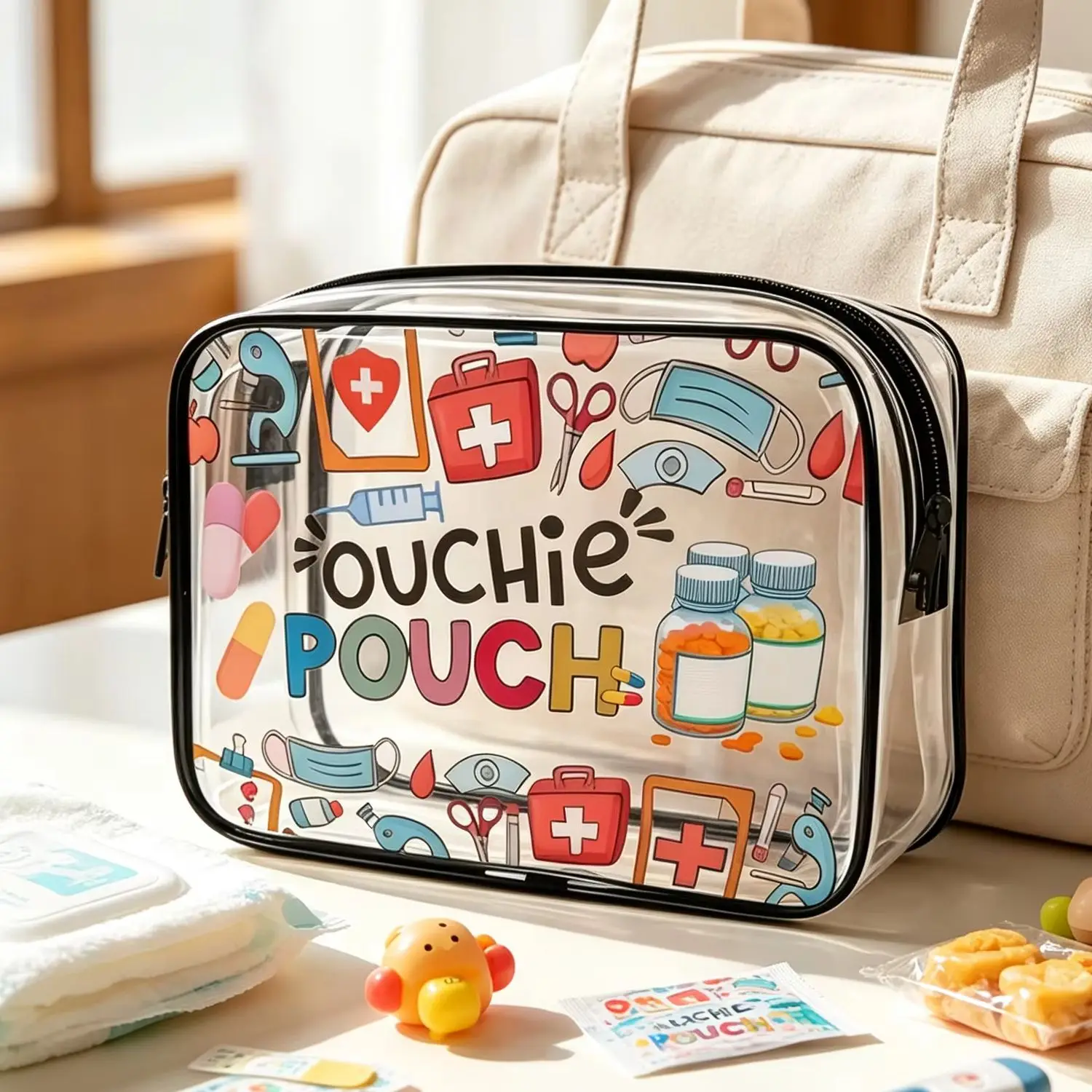 Cute Cartoon Medical Element Clear PVC Makeup Bag Portable Travel‑use First‑aid Medicine Storage Organizer Zipper Bag for Family