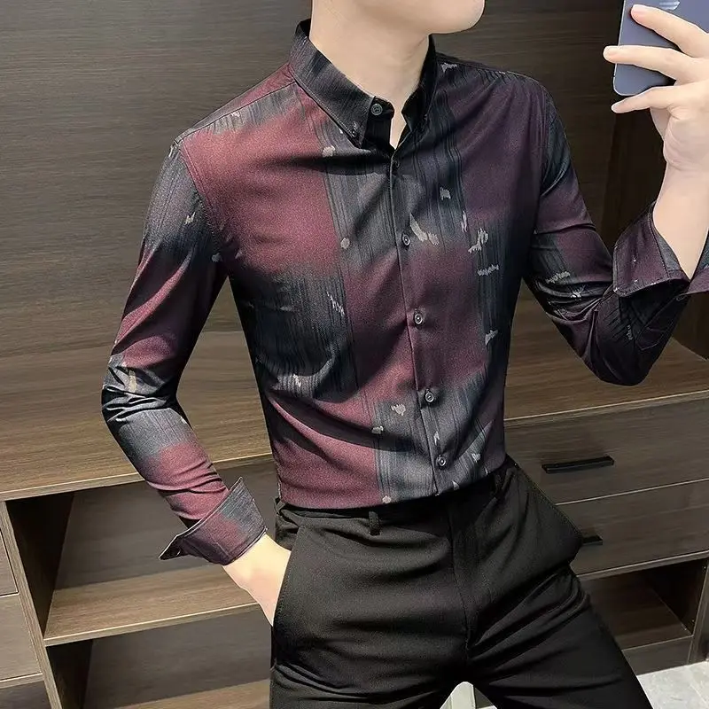 Men's Clothing Spring Autumn Turn-down Collar Printing Long Sleeve Button Up Cardigan Tie Dye Shirt Casual Formal Geometric Tops