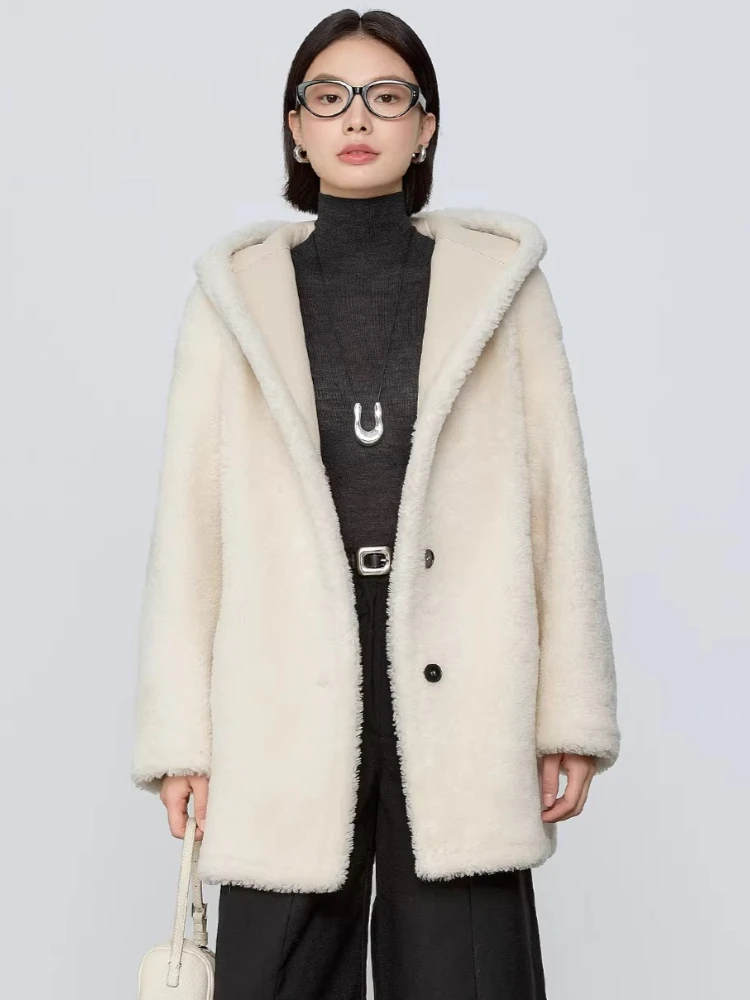 

High-end Luxury Merino Sheep Fur Plush Jackets for Women Winter 2026 New Simple Mid-length Hooded Genuine Leather Real Fur Coat