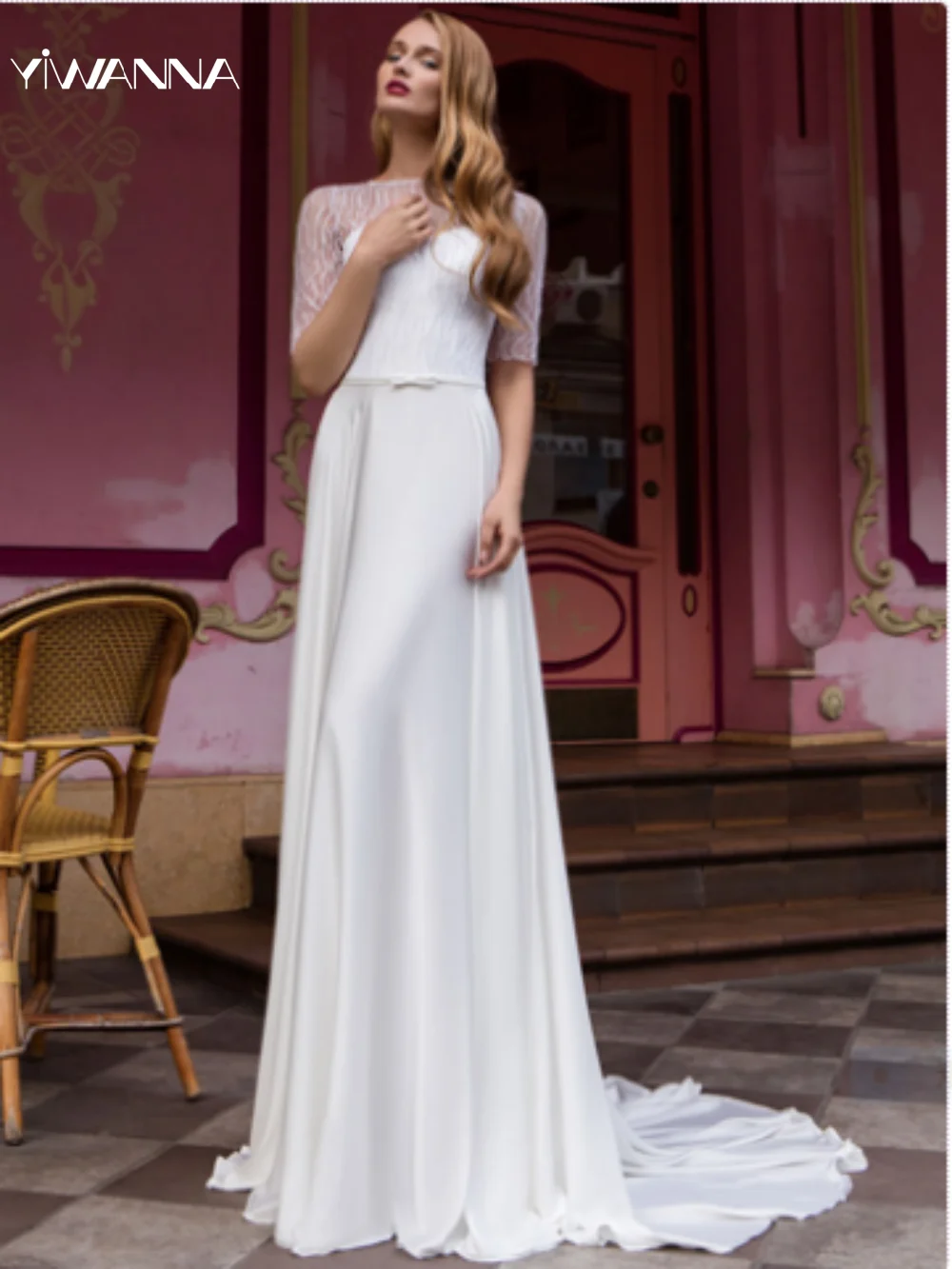 Abito da sposa semplice a mezza manica con scollo a barca Abito da sposa classico in raso Abito da sposa elegante a trapezio lungo fino al pavimento Robe De Mariée