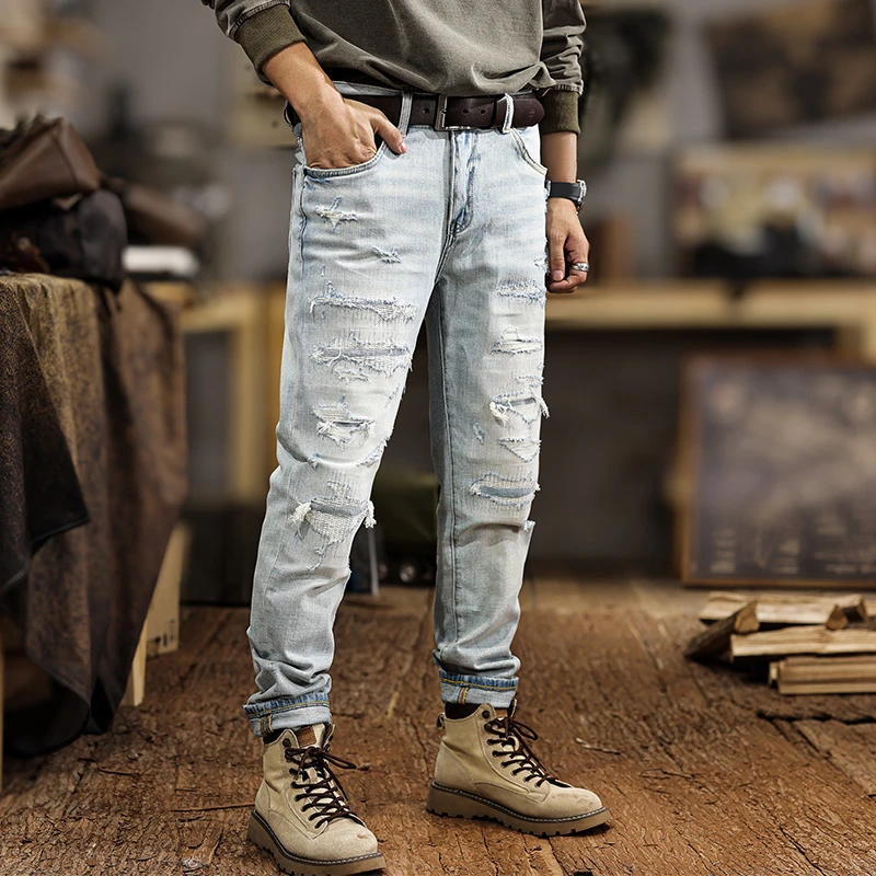 

Jns128 American tide light-coloured broken hole jeans men's new Slim small leg trousers elastic grinding white trousers high-end
