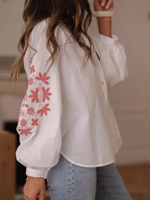 الملابس النسائية 2025 الخريف رقيقة قميص أنيق فضفاض ملصق مائي بأكمام طويلة النمط الصيني قميص خمر مطبوعة قميص أنيق