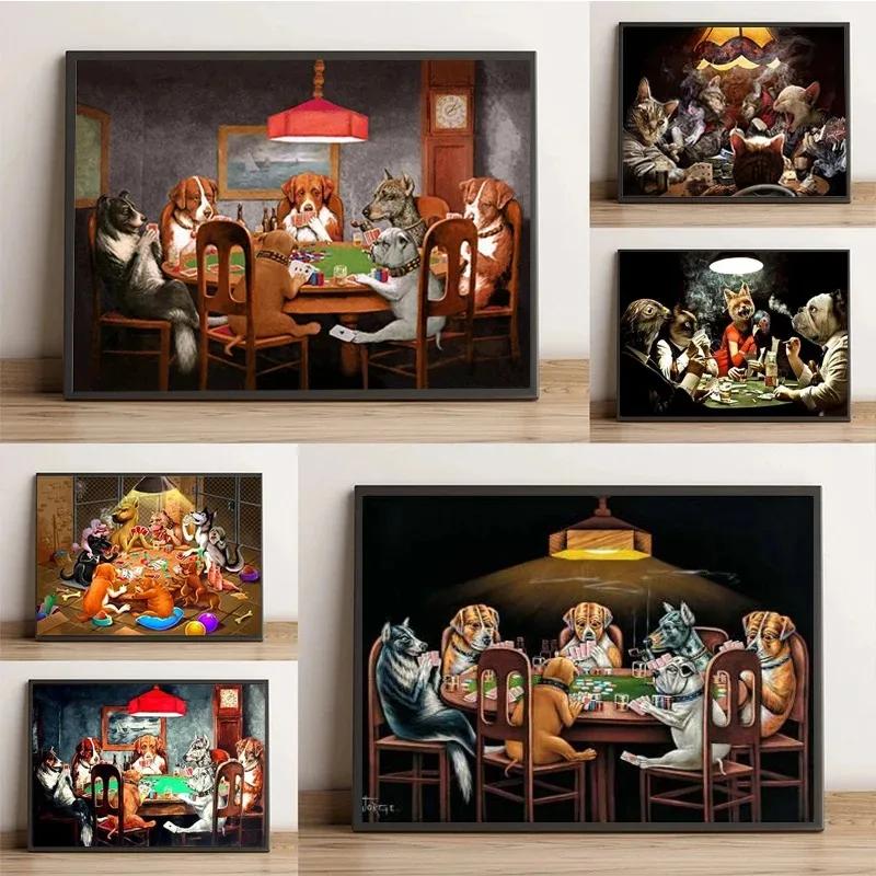 (1pc frameless)Abstract Retro Funny Animal Dog Playing Poker Billiard Canvas Painting Wall Art Pictures Posters Prints Living Ro