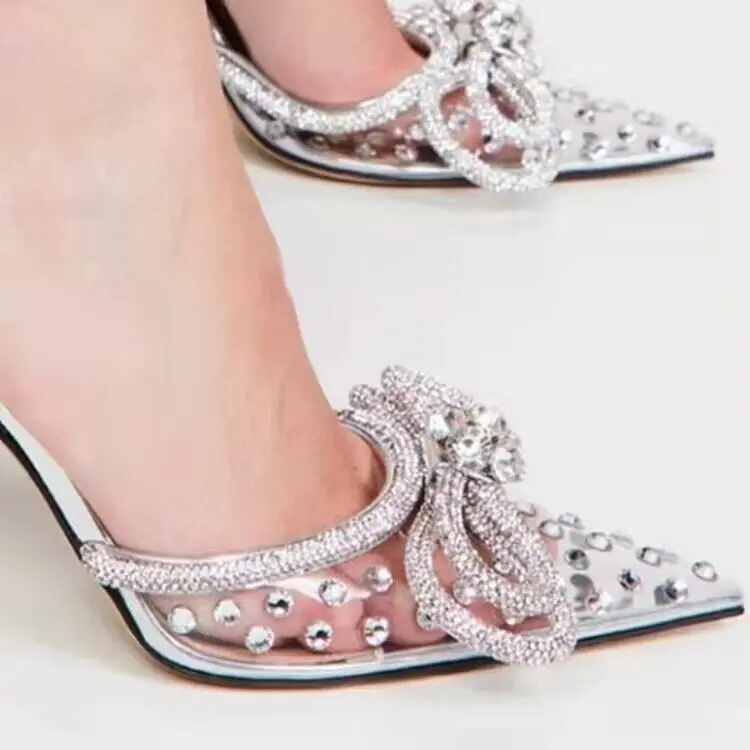 2023 Summer Rhinestones High Heels Sandals Women Pumps Transparent Crystal Bowknot Shoes Ladies Party Prom Shoes Plus Size 42