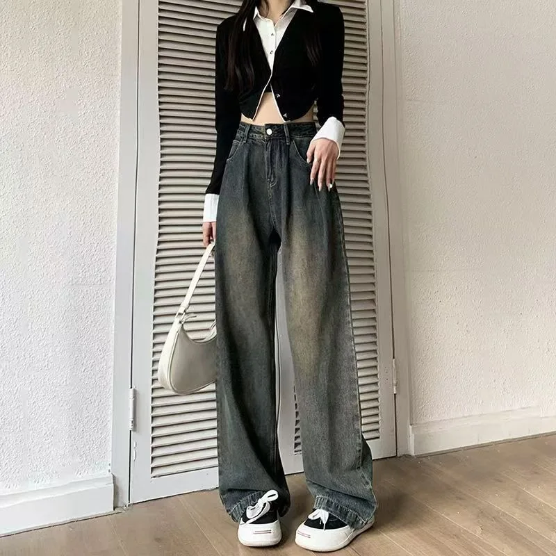 

Женские широкие джинсы цементно-серого цвета для весны и осени, плиссированные, для невысоких, прямые, свободные брюки.