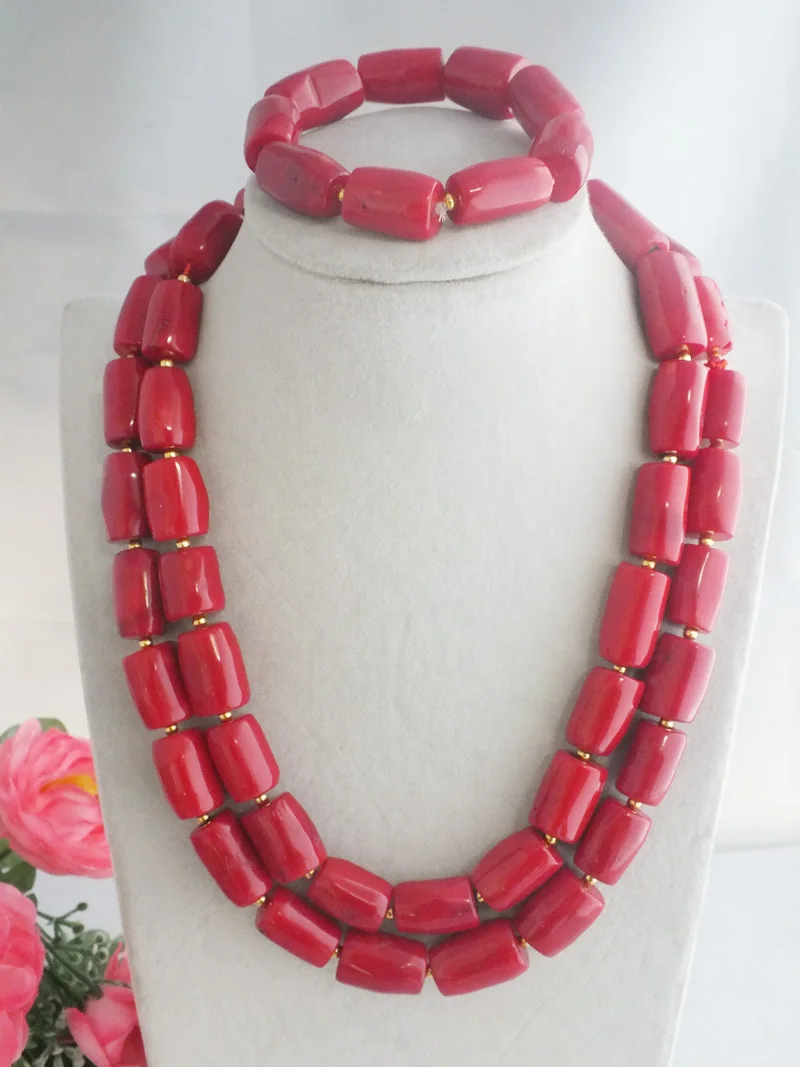 Gorgeous Handmade 2rows Red  Coral Drum Necklace Sets African Women Jewelry Sets 20-22