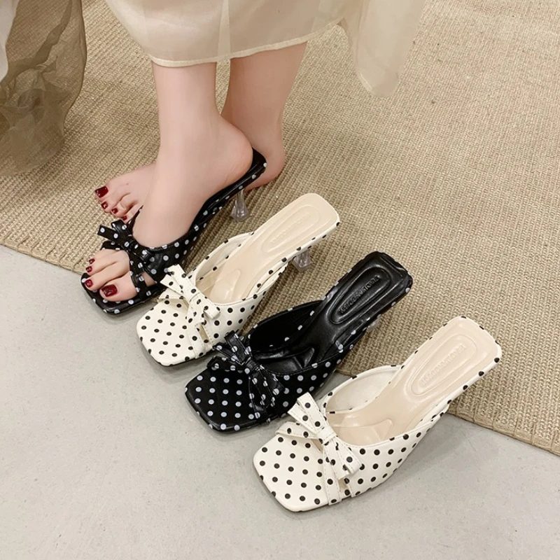 

Transparent High Heel Women Slippers 2026 Summer Polka Dot Slides Shoes Elegant Butterfly-knot Vacation Dress Sandalias