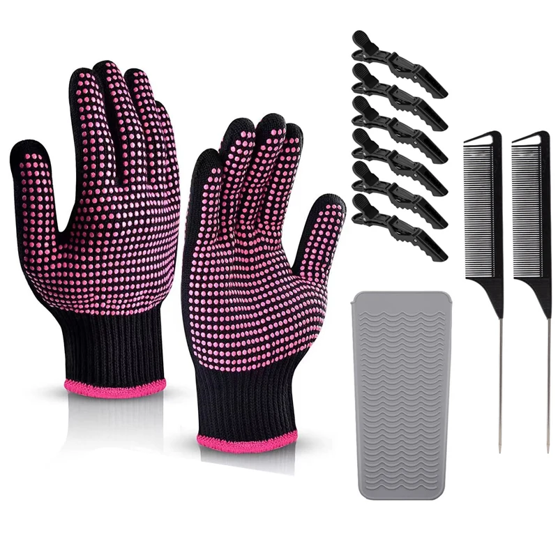 Hair Styling Acessories Set (2PCS Heat Resistance Gloves+1PC Heat Proof Mat+2PCS Tail Combs+6PCS Non Slip Crocodile Hair Clips)