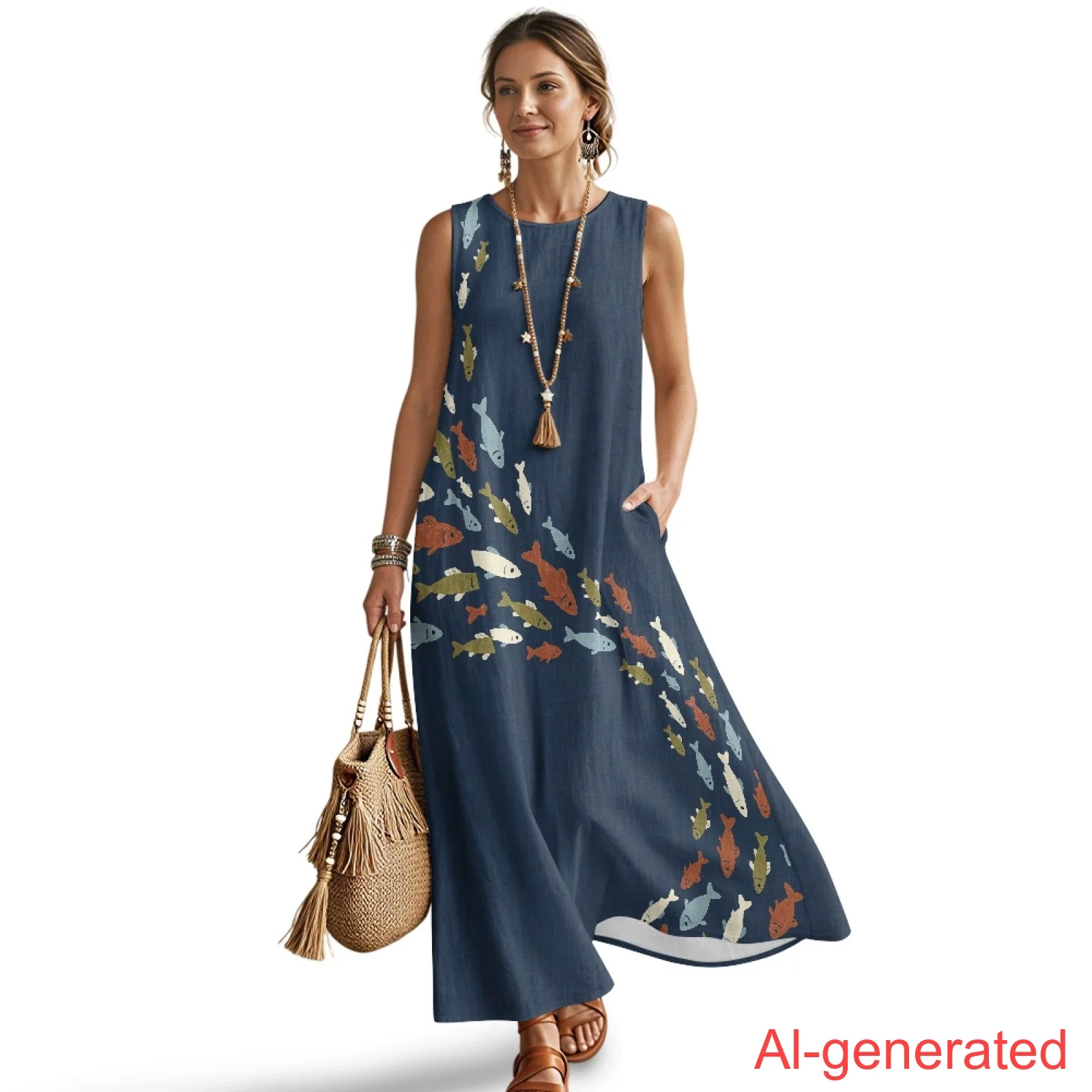 

INSTANTARTS Women‘S Imitation Linen Loose Vest Long Skirt Lightweight Not Easy to Wrinkle Dress with Pockets