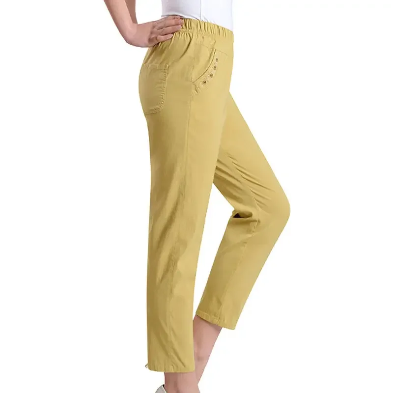 2024 Zomer Vrouwen Broek Middelbare Leeftijd Dame Elastische Taille Losse Casual Broek 4XL Pocket Dunne Vrouwelijke Rechte Broek 2300