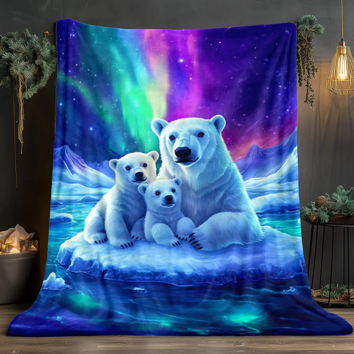 1pc Polar Bear Family Aurora Sky Fleece Blanket Soft Winter Throw Nature Animal Print Home Decor
