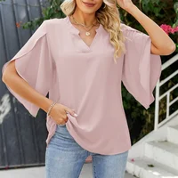 Women Summer Style Chiffon Blouses Shirts Lady Casual Short Flare Sleeve V-Neck Loose Blouse Tops 2