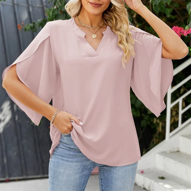Women Summer Style Chiffon Blouses Shirts Lady Casual Short Flare Sleeve V-Neck Loose Blouse Tops 2