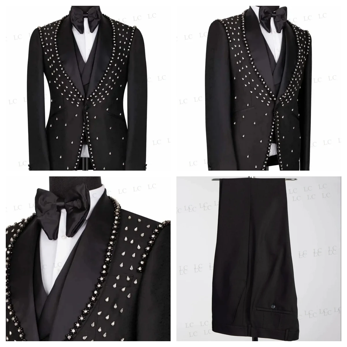 

Design3 Pieces Men Suits Blazer Pants One Button Satin Sheer Lapel Custom Beadings Plus Size Formal Prom Wedding Groom Tailored