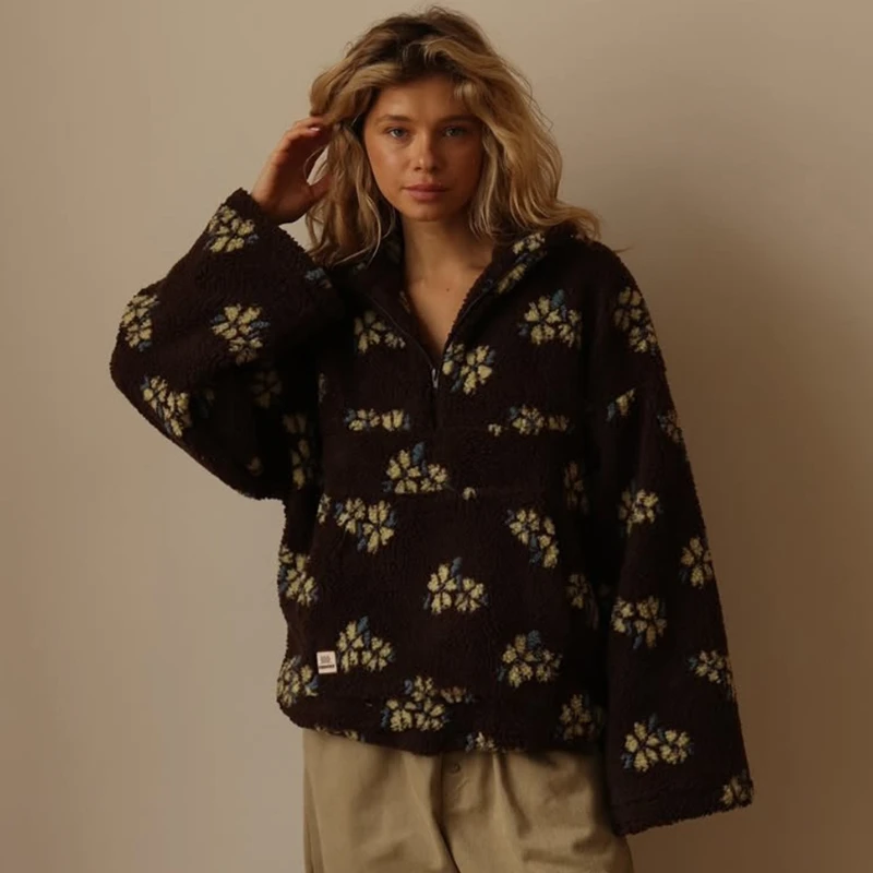 TARUXY Fleece Flowers Sweatshirt Women's Fashion Zipper Loose Long Sleeves Keep Warm Leisure Commuting Pullover Autumn 2025 New