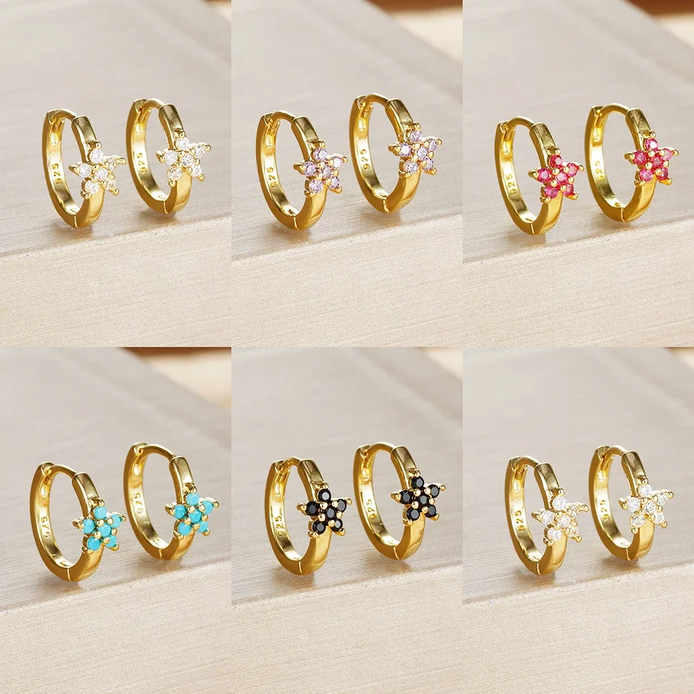 2PCS Stainless Steel Gold Color Stylish Flower Hoop Earrings For Women 18k Gold Plated Colorful Zircon Earring Piercing Jewelry — zdjęcie 4