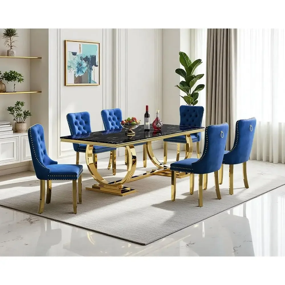 

Elegant 6-Seat Marble Dining Set with Blue Velvet Chairs and Gold Steel Pedestal