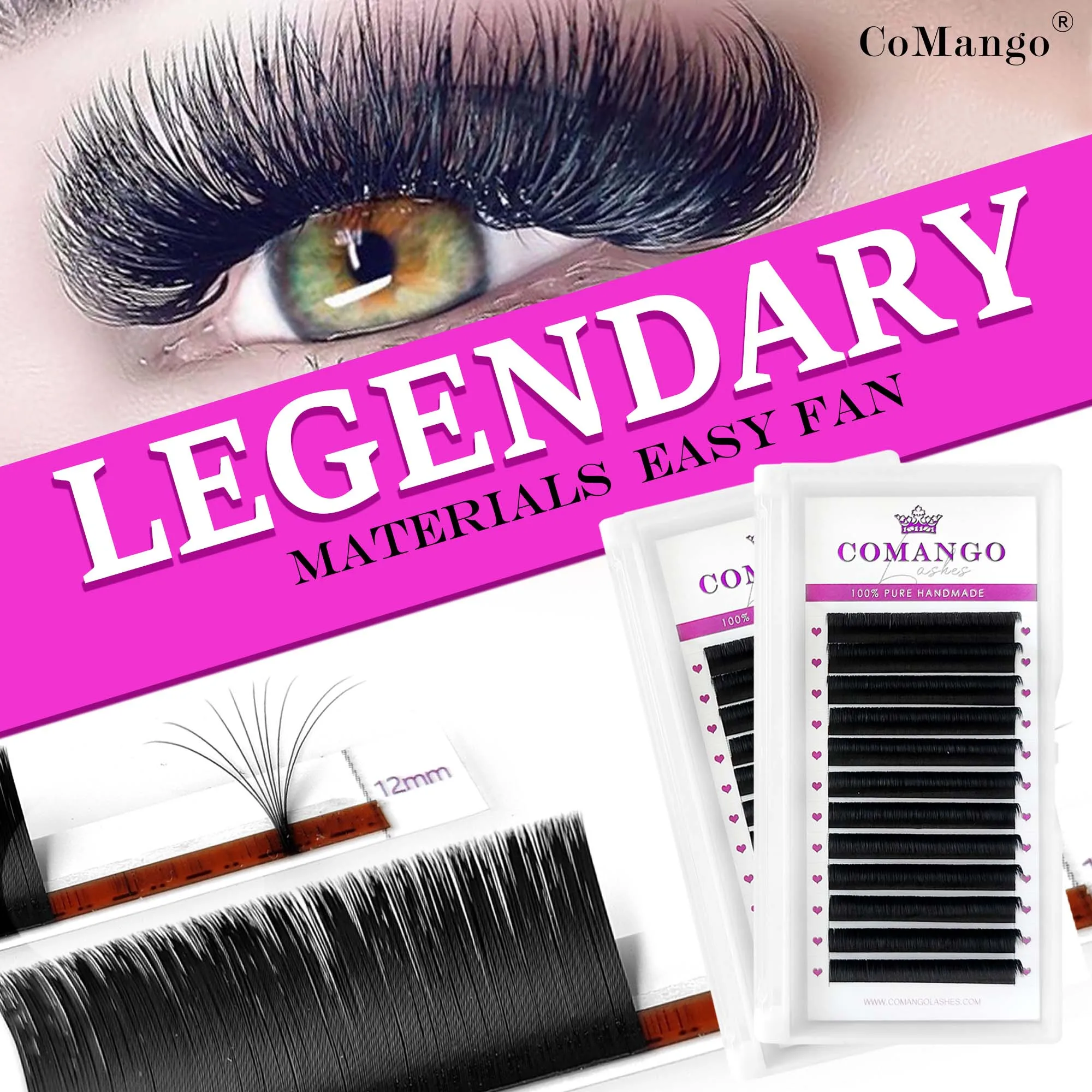 CoMango C/D/CC rizo fácil extensión de pestañas en abanico material legendario súper suave negro mate mega volumen extensión de pestañas