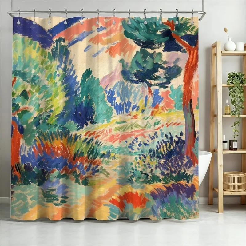 Matisse Style Abstract Landscape Oil Painting Print Shower Curtain No Drilling Bathroom Decor Waterproof Fabric with 12