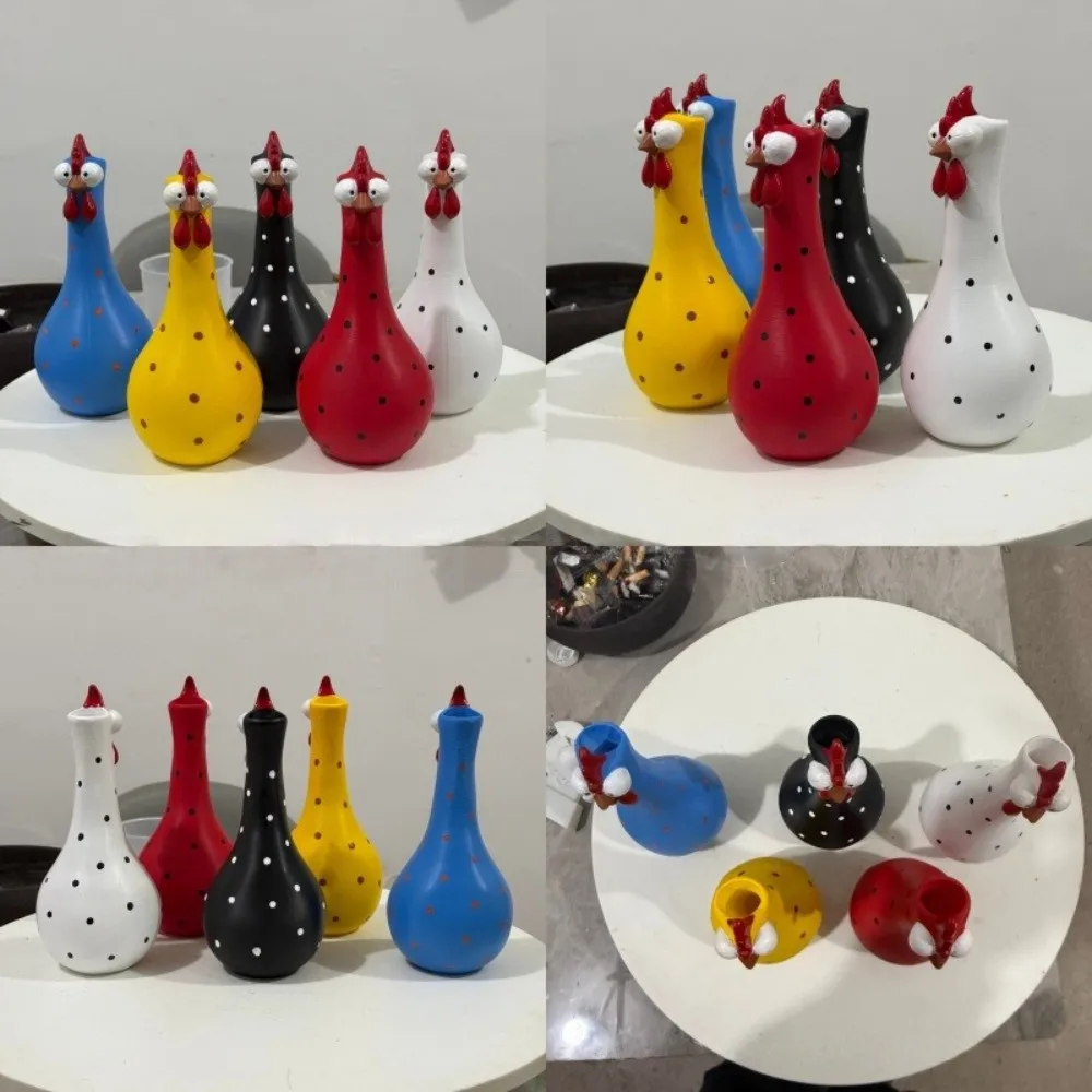 Colorful Dot Long Neck Chicken Vases Resin Art Lifelike Rooster Sculpture Vase Smooth Waterproof Hand Painted