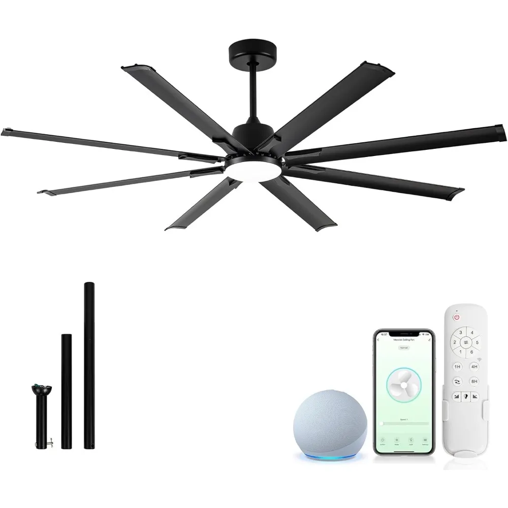 

Ceiling Fan W/ Light, Industrial Ceiling Fan with Remote Control, 8 Black Aluminium Blades, 6 Speed Noiseless, 72 in Ceiling Fan