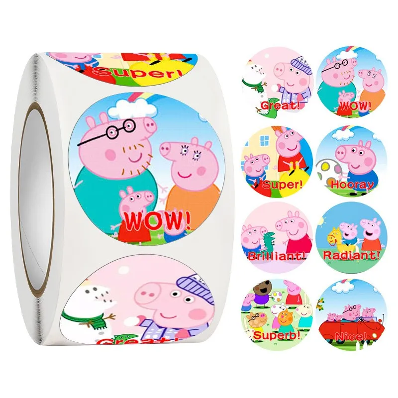 Peppa Pig Roll Stickers 500PCS Cute Round Cartoon Stickers for Kids Reward Party Favor DIY Scrapbook Decals view 6