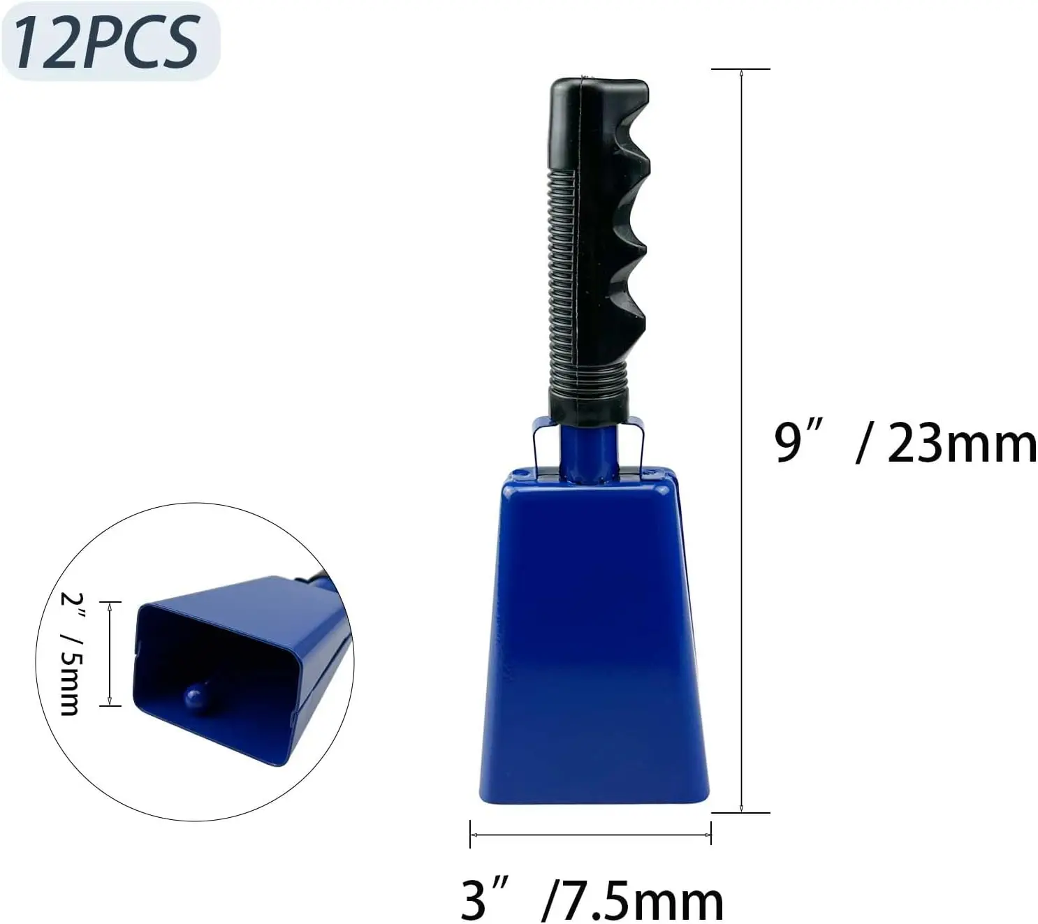 12-Pack Metal Cow Bells, Loud Noise Makers for Cheering, DIY Paintable Blank Cowbells with Handle for Sports Events, Party Favors (Blue)