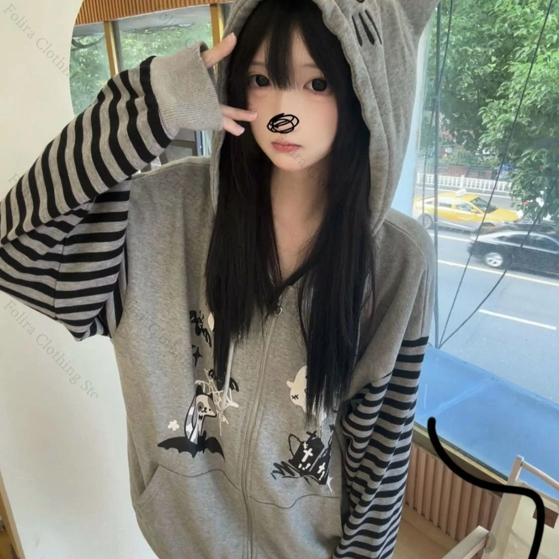 Y2k roupas listradas com capuz zip up hoodie roupas femininas manga longa outono topos kawaii impressão moletom com capuz zip-up casaco