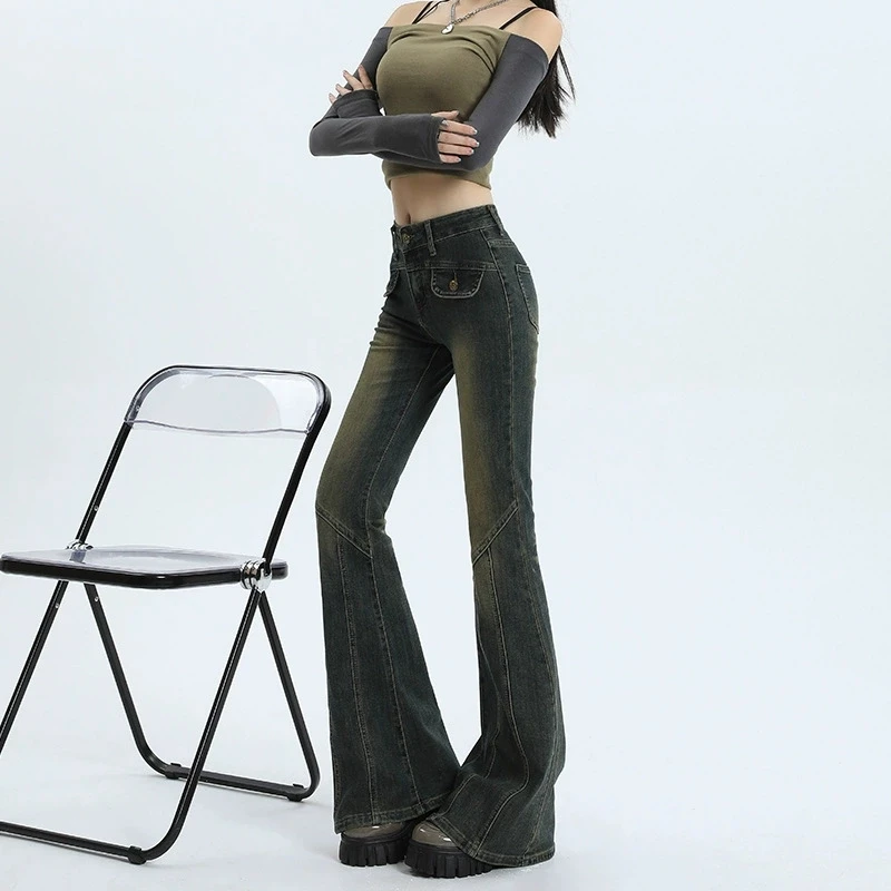 Jeans slim fit retrò a vita alta da donna Pantaloni lunghi fino al pavimento con design di giunture elastiche per la primavera e l'estate