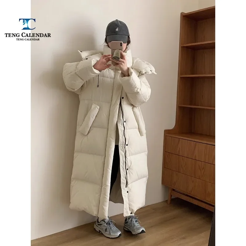 Fashionable Down Jacket, Medium To Long Thick Hooded Knee High Korean White Duck Down Jacket, Women's 2024 Winter New Style