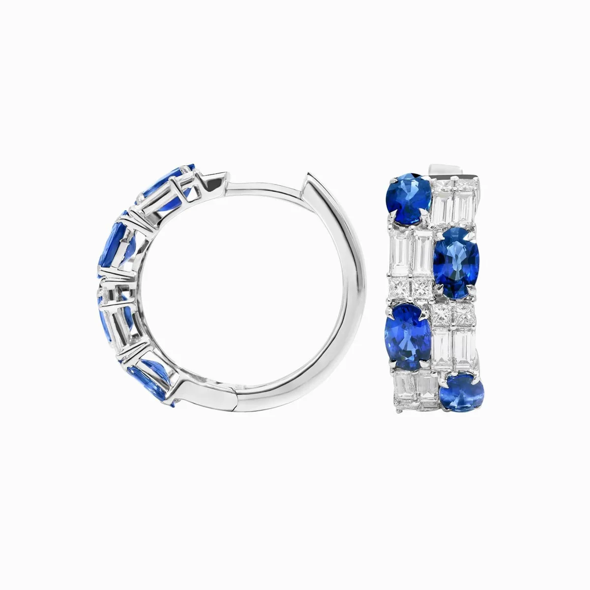 Oval Sapphire and Round Diamond Earrings Lab Grown Sapphire Diamond Earrings 9K/14K/18K White Gold Hoop Earrings For Women