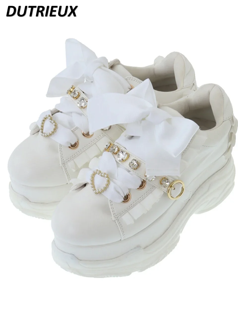 Japanese Sweet Lolita Heart Shape Rhinestone Bowknot Platform Sneaker Spring and Autumn Sweet Pink Casual Shoes Women\'s Shoes